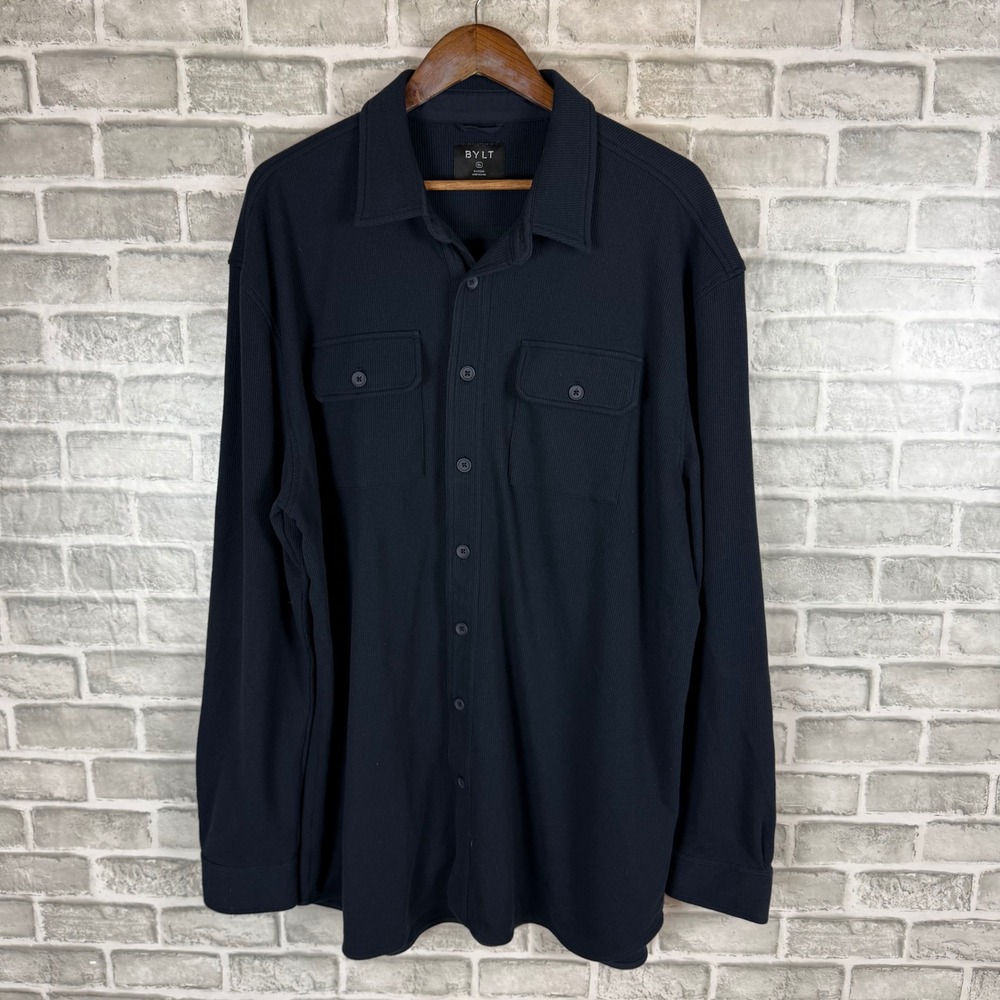 BYLT Basics Mens 3XL Navy Blue Heavy Waffle Knit Button Down Shirt MTBD0449 LS